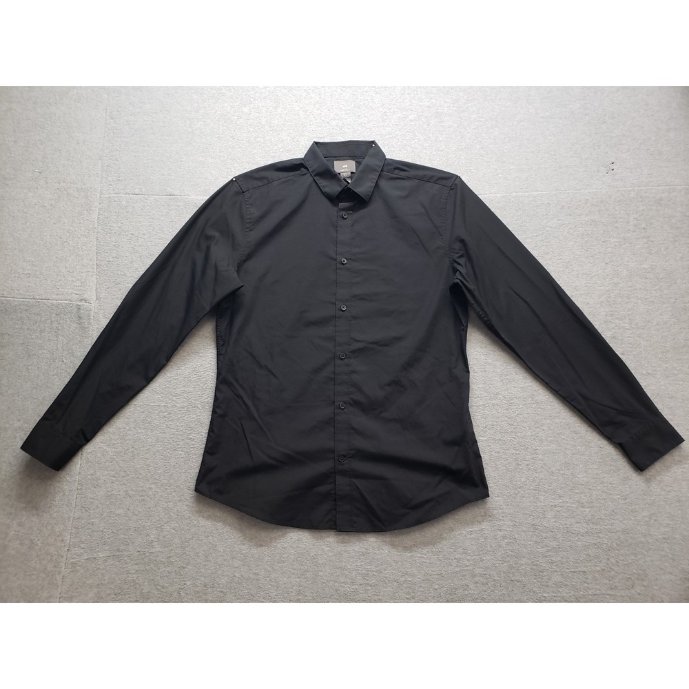 H&M Men Shirt L Black Slim Fit Long Sleeve Button Up Collared Formal Office Work